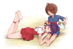  1boy barefoot blue_shirt blue_shorts blush bow brown_hair closed_eyes dress feet female gegege_no_kitarou hair_over_one_eye hairbow hand_fan highres holding holding_fan kitarou lap_pillow legs long_hair lying nekomusume nekomusume_(gegege_no_kitarou_6) on_stomach pointy_ears purple_hair red_bow red_dress shirt short_dress shorts silanduqiaocui soles straight toes 