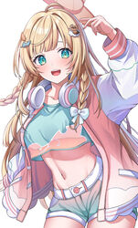  absurdres belt blonde_hair blush chameleon_(chameleon0613) commentary_request crop_top cropped_shirt female frilled_shorts frills green_eyes hair_ornament hat headphones headphones_around_neck highres hololive jacket kazama_iroha kazama_iroha_(streetwear) leaf_hair_ornament letterman_jacket long_hair looking_at_viewer midriff multicolored_clothes multicolored_shorts navel open_mouth pink_jacket shorts virtual_youtuber white_belt white_headphones 