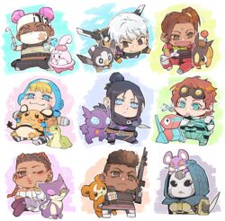  6+girls :3 android animification apex_legends ash_(titanfall_2) bangalore_(apex_legends) blonde_hair blue_eyes blue_headwear bodysuit braid breasts brown_eyes brown_hair chibi cleavage crossover dedenne facial_mark forehead_mark g7_scout grey_hair gun hair_behind_ear happiny headband holding holding_gun holding_knife holding_weapon holding_wrench horizon_(apex_legends) jetpack knife kunai large_breasts lifeline_(apex_legends) loba_(apex_legends) mask mouth_mask multiple_girls nessie_(respawn) on_head one_eye_closed orange_bodysuit orange_hair pink_hair pokemon pokemon_(creature) pokemon_on_head porygon puckered_lips purrloin raichu rampart_(apex_legends) rattata rifle sableye scar scar_on_cheek scar_on_face senbiki_(nonono69) short_hair side_ponytail simulacrum_(titanfall) sitting smile spacesuit starly teddiursa tepig twin_braids valkyrie_(apex_legends) wattson_(apex_legends) weapon white_headband wraith_(apex_legends) wrench 