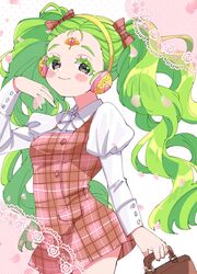  closed_mouth colored_eyelashes dress falulu falulu_(awakened) female forehead_jewel green_hair grey_eyes headphones highres holding juliet_sleeves long_hair long_sleeves looking_at_viewer plaid plaid_dress pretty_series pripara puffy_sleeves shirt smile solo standing sukoyaka_(100hituzi) twintails very_long_hair white_shirt 