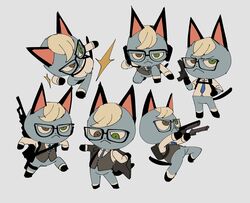  action_pose animal_crossing anthro blonde_hair chibi clothing domestic_cat eyewear felid feline felis fur glasses grey_body grey_fur gun hair handgun heterochromia hi_res hitman_(series) male mammal necktie nintendo pistol pose ranged_weapon raymond_(animal_crossing) revolocities rifle solo suit topwear vest weapon 