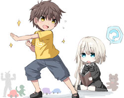  1boy :d :o ? aged_down asymmetrical_hair black_bow black_dress black_footwear black_legwear blonde_hair blue_eyes blush book bow brown_hair collared_dress commentary_request dress female flying_sweatdrops grey_shorts hair_between_eyes henshin_pose holding holding_book kai-kun long_hair long_sleeves no_shoes open_book open_mouth original pose puffy_long_sleeves puffy_sleeves shirt shoes short_sleeves shorts sitting smile socks sparkle spoken_question_mark standing stuffed_animal stuffed_toy teddy_bear tia-chan uchuuneko v-shaped_eyebrows very_long_hair wariza white_background yellow_eyes yellow_shirt 