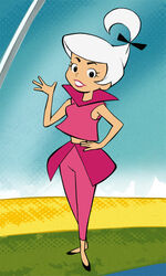  black_footwear bow breasts cameltoe female full_body hairbow haruyama_kazunori high_collar high_ponytail judy_jetson lipstick looking_at_viewer makeup midriff pants skirt smile solo the_jetsons toon_(style) waving white_hair 