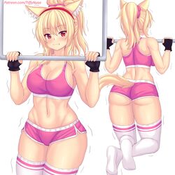  animal_ear_fluff animal_ears ass bare_shoulders black_gloves blonde_hair blush breasts cat_ears cat_girl cat_tail cleavage closed_mouth english_commentary female fingerless_gloves gloves hair_between_eyes hair_ornament hair_scrunchie hairband highres holding large_breasts long_hair looking_at_viewer micro_shorts midriff multiple_views navel nottytiffy original patreon_username pink_scrunchie pink_shorts pink_sports_bra ponytail pullups red_eyes red_hairband scrunchie short_shorts shorts simple_background smile sports_bra squatting stomach tail thick_thighs thighhighs thighs tiffy_(nottytiffy) white_background white_thighhighs wide_hips 