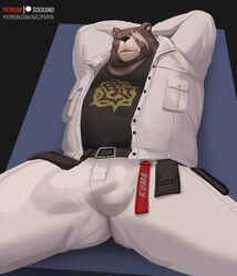  2022 anthro artist_name balls_outline bear belt ben_bigger black_clothing black_shirt black_topwear bottomwear brown_bear bulge clothed clothing detailed_bulge emblem english_text eye_scar facial_scar genital_outline grizzly_bear hands_behind_head hi_res lying male mammal mihoyo on_back pants patreon patreon_logo penis_outline scar shirt slightly_chubby solo sooxand suggestive_pose text topwear url ursine white_bottomwear white_clothing white_pants white_topwear zenless_zone_zero 