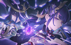  2girls breasts cleavage commentary_request electricity genshin_impact hair_ornament highres long_braid long_hair looking_at_viewer makoto_(genshin_impact) medium_breasts multiple_girls official_alternate_costume parted_lips purple_eyes purple_hair raiden_shogun raiden_shogun_(magatsu_mitake_narukami_no_mikoto) upper_body zhiyan_li 