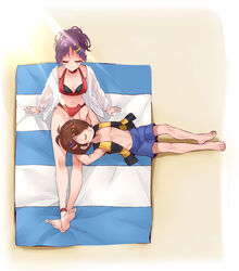  1boy absurdres barefoot beach beach_towel bikini blue_shorts breasts brown_hair cleavage closed_eyes commentary_request female gegege_no_kitarou hair_ornament hair_over_one_eye hairclip height_difference highres kitarou lap_pillow lying medium_breasts nekomusume nekomusume_(gegege_no_kitarou_6) oerba_yun_fang on_back purple_hair red_bikini shirt shorts silanduqiaocui sitting straight striped_clothes striped_vest swimsuit towel vest white_shirt 