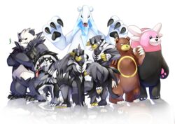  arms_up bear beartic bewear claws commentary_request crossed_arms fighting_stance full_body looking_at_viewer no_humans obstagoon osomatsu1ban pangoro pokemon pokemon_(creature) reflection serious simple_background standing tongue tongue_out ursaring urshifu urshifu_(rapid) urshifu_(single) white_background 