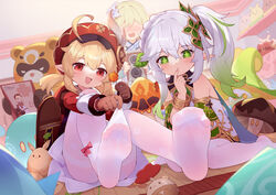  3girls :d ahoge aranara_(genshin_impact) backpack bag blonde_hair blush braid camera dodoco_(genshin_impact) dress elf feet foot_focus fungi_(genshin_impact) genshin_impact gradient_hair green_eyes green_hair guoba_(genshin_impact) hair_between_eyes hat highres holding holding_camera jumpy_dumpty klee_(genshin_impact) knees_up legs long_hair long_sleeves lumine_(genshin_impact) md5_mismatch multicolored_hair multiple_girls nahida_(genshin_impact) no_shoes pantyhose parted_lips pointy_ears red_dress red_eyes resolution_mismatch revision side_ponytail sitting slime_(genshin_impact) smile soles source_smaller toes tsubasa_tsubasa white_dress white_hair white_pantyhose 