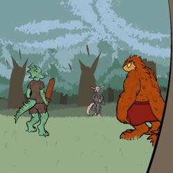  1:1 2014 3_toes anthro barefoot claws clothed clothing digital_media_(artwork) digitigrade dirty feet fen_(lagotrope) fur furred_kobold furred_scalie grass green_body green_skin group horn kobold lagotrope lizard male melee_weapon mountain_kobold orange_body orange_scales outline outside plant reptile scales scalie standing story story_at_source story_in_description sword tan_body tan_fur tgchan toes topwear tree trio weapon 