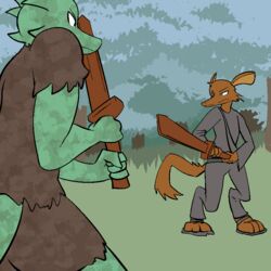  1:1 2014 anthro bottomwear brown_body brown_fur clothed clothing digital_media_(artwork) digitigrade dirty duo fen_(lagotrope) footwear fur furred_kobold furred_scalie grass green_body green_skin horn kobold lagotrope lizard male mammal melee_weapon outline outside pants plant pupils reptile sandals scalie shirt standing story story_at_source story_in_description sword tgchan topwear tree weapon 