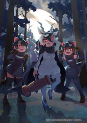  3girls animal_ears antelope_ears antelope_horns apron arm_up australian_devil_(kemono_friends) backlighting bangs bare_shoulders blackbuck_(kemono_friends) bow bowtie cape claw_pose collared_cape copyright detached_sleeves empty_eyes evil_smile extra_ears eyebrows_visible_through_hair eyepatch fangs full_body furrowed_eyebrows gloves grass hair_over_one_eye hand_on_own_face hands_up high_collar holding holding_weapon horizontal_pupils horns kemono_friends kemono_friends_3 long_hair looking_at_viewer medical_eyepatch medium_hair moon multiple_girls night night_sky oerba_yun_fang official_art open_mouth outdoors pantyhose red_eyes saltlaver shirt shoes skirt sky sleeveless sleeveless_shirt smile standing strapless tail tasmanian_devil_(kemono_friends) tasmanian_devil_ears tasmanian_devil_tail thighhighs tree v-shaped_eyebrows waist_apron walking weapon zettai_ryouiki 