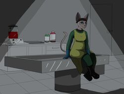  alternative_fashion anthro apron bertofdirt black_boots black_clothing black_footwear boots clothed clothing crossed_legs domestic_cat felid feline felis female footwear gloves goth hairless hairless_cat handwear hi_res malorie_(bertofdirt) mammal medical_gloves protective_gear rubber_boots sitting solo sphynx_(cat) 