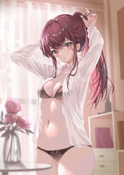  absurdres arms_up black_bra black_panties blurry blurry_background bra breasts brown_eyes brown_hair curtains dressing female flower genjitsu_pirika hair_tie highres indoors long_hair long_sleeves looking_at_viewer medium_breasts navel open_clothes open_mouth open_shirt original panties pink_flower pink_rose ponytail rose see-through see-through_shirt shirt sidelighting stomach thighs tying_hair underwear vase window 