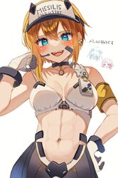  3girls :d abs armband bad_id bad_twitter_id bandaid bandaid_on_cheek bandaid_on_face bare_shoulders black_choker black_pants blonde_hair blue_eyes blush breasts choker cleavage collarbone commentary_request cowboy_shot drake_(nikke) ear_piercing earpiece gloves goddess_of_victory:_nikke hair_between_eyes hand_on_own_hip hand_up highres laplace_(nikke) looking_at_viewer matis_(nikke) maxwell_(nikke) medium_breasts multiple_girls multiple_piercings navel open_mouth pants piercing shimada_(smd_dms) short_hair short_hair_with_long_locks sidelocks simple_background smile solo_focus sports_bra standing stomach teeth translation_request two-tone_gloves upper_teeth_only visor_cap white_background white_gloves white_sports_bra yellow_armband 