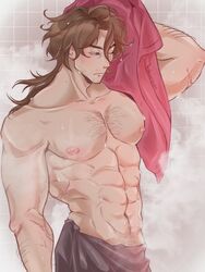  1boy abs after_bathing beard_stubble brown_hair chest_hair facial_hair fukanona gallagher_(honkai:_star_rail) hairy highres honkai:_star_rail honkai_(series) male_focus muscular muscular_male naked_towel nipples red_eyes scar sparse_arm_hair sparse_chest_hair sparse_navel_hair stubble towel upper_body 