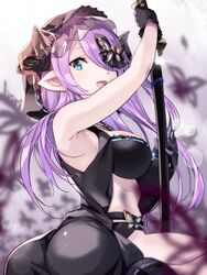  ass bare_shoulders black_gloves blue_eyes breasts butterfly_hair_ornament commentary_request draph female gloves granblue_fantasy hair_ornament hair_over_one_eye highres horns katana large_breasts light_purple_hair long_hair narmaya_(granblue_fantasy) narmaya_(the_black_butterfly)_(granblue_fantasy) nino_(shira) official_alternate_costume open_mouth pointy_ears sheath sitting smile solo sword thighs unsheathing veil weapon 