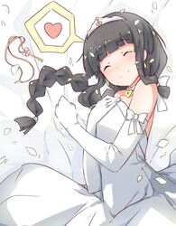  black_hair blunt_bangs braid bride closed_eyes commentary_request dress elbow_gloves female flower gloves jewelry kantai_collection key kitakami_(kancolle) locket long_hair mushiboy pendant ring single_braid smile solo wedding_dress wedding_ring 