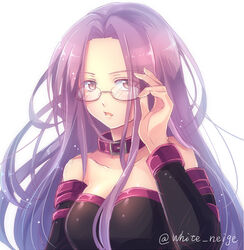  bad_id bad_pixiv_id bare_shoulders breasts collar commentary_request fate/stay_night fate_(series) female glasses long_hair medium_breasts medusa_(fate) medusa_(rider)_(fate) purple_eyes purple_hair serino_itsuki solo 