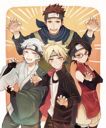  3boys black_hair blonde_hair boruto:_naruto_next_generations brown_eyes brown_hair commentary_request female forehead_protector glasses highres kurodeko mitsuki_(naruto) multiple_boys naruto_(series) red-framed_eyewear sarutobi_konohamaru short_hair uchiha_sarada uzumaki_boruto yellow_eyes 