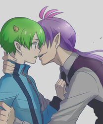  2boys ahoge bad_id bad_pixiv_id blue_eyes colored_eyelashes green_hair hair_over_one_eye horns imminent_kiss long_hair male_focus mike_wazowski monsters_inc. multiple_boys nagatobi necktie one-eyed open_mouth personification pointy_ears ponytail purple_hair randall_boggs sharp_teeth smile teeth yaoi 