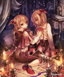  1boy arm_support black_pants black_skirt blonde_hair boots candle capelet closed_mouth commentary_request company_name cosplay costume_switch cushion female fire flower frilled_shirt frills green_eyes head_tilt head_wings high_heels jewelry jewelry_box long_hair long_sleeves mayoko_(sisqo_5003) necklace official_art on_floor pants parted_lips pearl_necklace petticoat photoshop_(medium) pointy_ears profile red_eyes red_flower red_rose rose shingeki_no_bahamut shirt sitting skirt table tile_floor tiles vampire vampy vampy_(cosplay) veight veight_(cosplay) very_long_hair wariza watermark white_shirt wings 