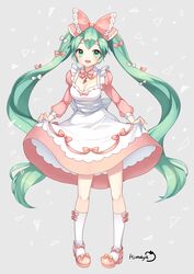  blush bow bowtie breasts cleavage commentary_request dress female green_eyes green_hair hairbow hatsune_miku highres himaya long_hair looking_at_viewer medium_breasts open_mouth pigeon-toed skirt_hold socks solo standing treble_clef twintails very_long_hair vocaloid 