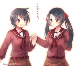  2girls :d bad_id bad_pixiv_id black_hair commentary_request hair_ribbon holding_hands kantai_collection long_hair mikuma_(kancolle) mogami_(kancolle) multiple_girls open_mouth ribbon school_uniform serafuku serino_itsuki short_hair smile translated twintails twitter_username 