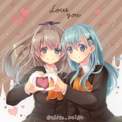  2girls aqua_hair bad_id bad_pixiv_id brown_hair commentary_request english_text hair_ornament hairclip heart heart_hands heart_hands_duo kantai_collection kumano_(kancolle) long_hair multiple_girls ponytail school_uniform serino_itsuki smile suzuya_(kancolle) twitter_username 