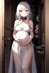  3girls adult_female ai_generated blush chained chains collar cuffs daughter dress female female_focus hands_on_belly highres looking_at_viewer mother multiple_girls pregnant red_eyes shackles short_hair silver_hair white_dress 