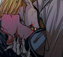  2girls absurdres biting black_hair blonde_hair blood blood_in_mouth blood_on_face blood_on_mouth blush close-up colored_skin commentary_request ear_blush embarrassed fangs fingernails full-face_blush hand_on_another&#039;s_neck highres long_fingernails long_hair multiple_girls naotin3333 neck_biting open_mouth original parted_lips pink_skin sharp_fingernails shirt sweat tearing_up teeth vampire veins veiny_face white_shirt yuri 