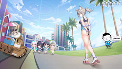  6+girls absurdres animal_ear_fluff animal_ears ass ayane_(blue_archive) ayane_(swimsuit)_(blue_archive) black_one-piece_swimsuit blue_archive blue_eyes blue_sky breasts building chains chibi chibi_inset chinese_commentary cloud commentary_request competition_swimsuit cooler cosplay cross_hair_ornament cuffs day doodle_sensei_(blue_archive) extra_ears fisheye foreclosure_task_force_(blue_archive) from_behind grand_theft_auto grand_theft_auto:_vice_city grand_theft_auto_vi grey_hair hair_ornament halo handcuffs hifumi_(blue_archive) hifumi_(swimsuit)_(blue_archive) highres hoshino_(blue_archive) hoshino_(swimsuit)_(blue_archive) looking_at_viewer low_ponytail medium_breasts medium_hair military_vehicle mismatched_pupils motor_vehicle multicolored_clothes multicolored_swimsuit multiple_girls nonomi_(blue_archive) nonomi_(swimsuit)_(blue_archive) official_alternate_costume official_alternate_hairstyle okazakileo one-piece_swimsuit outdoors palm_tree roller_skates sensei_(blue_archive) serika_(blue_archive) serika_(swimsuit)_(blue_archive) shiroko_(blue_archive) shiroko_(swimsuit)_(blue_archive) skates sky skyline skyscraper speech_bubble swimsuit tank tommy_vercetti tommy_vercetti_(cosplay) tree wolf_ears 