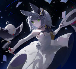  animal_ears azur_lane bare_shoulders black_background black_choker black_ribbon card choker detached_sleeves dress female green_eyes grey_hair hat highres holding holding_clothes holding_hat kitakaze_(azur_lane) kitakaze_(night_of_doves_and_magic)_(azur_lane) long_dress looking_at_viewer naycot official_alternate_costume playing_card ribbon short_hair solo strapless strapless_dress suit top_hat unworn_headwear white_dress 