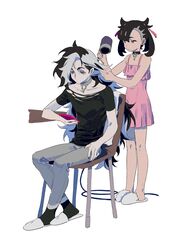  1boy black_choker black_hair black_shirt black_socks brother_and_sister choker collarbone dress drying drying_hair earrings female grey_pants hair_dryer hair_ribbon highres holding holding_hair_dryer holding_phone jewelry knees looking_down marnie_(pokemon) molymes multicolored_hair pants phone piers_(pokemon) pink_dress pink_ribbon pokemon pokemon_swsh ribbon shirt siblings simple_background sitting sleeveless sleeveless_dress slippers socks standing two-tone_hair white_background 