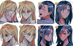  2girls :d ^_^ absurdres angry blonde_hair blush_stickers closed_eyes closed_mouth collared_shirt colored_skin commentary_request dilated_pupils emoji expressionless expressions hair_between_eyes half-closed_eyes happy highres long_bangs long_hair messy_hair multiple_girls multiple_views naotin3333 no_mouth open_mouth orange_eyes original pink_skin profile purple_eyes purple_hair sad scowl shirt simple_background smile sweatdrop tearing_up teeth unfinished upper_teeth_only veins veiny_face white_background white_shirt worried 