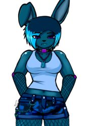  2016 alpha_channel alternate_species alternative_fashion anthro anthrofied biped blue_hair bottomwear clothing collar datfurrydude dog_tags female five_nights_at_freddy&#039;s five_nights_at_freddy&#039;s_4 furrification hair hi_res lagomorph legwear leporid looking_at_viewer mammal midriff navel nightmare_bonnie_(fnaf) piercing punk rabbit scottgames shorts solo standing stockings 