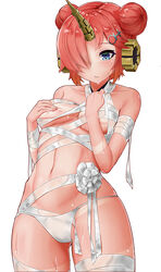  bandaged_arm bandaged_leg bandages bare_shoulders bikini bikini_bottom_only blue_eyes breasts closed_mouth collarbone commentary_request cowboy_shot double_bun fate/apocrypha fate/grand_order fate_(series) female flower frankenstein&#039;s_monster_(fate) frankenstein&#039;s_monster_(swimsuit_saber)_(fate) frankenstein&#039;s_monster_(swimsuit_saber)_(third_ascension)_(fate) hair_bun hair_ornament hand_on_own_chest headgear highres horns legs_apart looking_down mechanical_horns medium_breasts navel red_hair short_hair simple_background sin_(kami148) single_horn solo standing swimsuit wet white_background white_bikini 