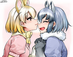  2girls animal_ears black_gloves black_hair blonde_hair bow bowtie brown_eyes closed_eyes commentary_request common_raccoon_(kemono_friends) extra_ears fennec_(kemono_friends) fox_ears from_side fur_trim gloves happa_(cloverppd) kemono_friends multiple_girls nose nose_bite oerba_yun_fang open_mouth puffy_short_sleeves puffy_sleeves raccoon_ears short_hair short_sleeves smile yuri 