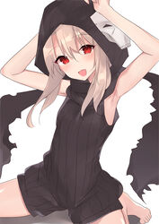  :d absurdres arm_wrap armpits arms_up assassin_(fate/zero) assassin_(fate/zero)_(cosplay) bare_arms bare_shoulders barefoot black_jumpsuit black_scarf blush breasts commentary cosplay fate/kaleid_liner_prisma_illya fate_(series) feet female head_tilt highres hood hood_up hooded_jumpsuit illyasviel_von_einzbern jumpsuit light_brown_hair long_hair looking_at_viewer mask mask_on_head natsu_(sinker8c) open_mouth red_eyes revision ribbed_jumpsuit scarf shadow short_jumpsuit sitting skull_mask sleeveless sleeveless_jumpsuit small_breasts smile solo spread_legs thighs torn_clothes torn_scarf wariza white_background 