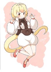  3: absurdres ankle_bow ankle_ribbon anteater_ears anteater_tail bad_id bad_twitter_id blonde_hair blush bow bowtie center_frills claw_pose commentary_request embarrassed enk_0822 female flats fluffy flying_sweatdrops footwear_bow frills fur_collar furrowed_brow highres kemono_friends leg_ribbon long_sleeves motion_lines pink_hair ribbon shoes short_hair shorts signature silky_anteater_(kemono_friends) solo tail 