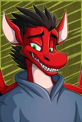  2:3 anthro black_hair clothing dragon fatalsyndrome green_eyes hair hi_res hoodie male mythological_creature mythological_scalie mythology nocturnalfuzz_(character) scalie sharp_teeth solo teeth topwear 