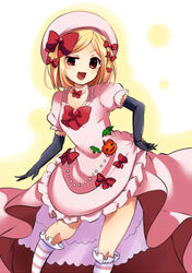  beret black_gloves blonde_hair bobby_socks bow commentary_request dress elbow_gloves female gloves hairbow hat highres kneehighs lambdadelta looking_at_viewer negiko open_mouth pink_hat red_eyes short_hair smile socks solo striped_clothes striped_socks umineko_no_naku_koro_ni uneven_eyes 