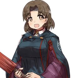  alchera blue_jacket breasts brown_eyes brown_hair chiyoda_(kancolle) commentary_request female headband jacket kantai_collection large_breasts long_sleeves looking_at_viewer medium_hair oil-paper_umbrella simple_background smile solo umbrella upper_body white_background 