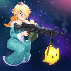  absurdres aqua_dress bare_shoulders blonde_hair blue_dress blue_eyes blush collarbone crown dress earrings english_commentary female full_body galaxy_background gun hair_over_one_eye highres holding holding_gun holding_weapon jewelry light_machine_gun lips long_dress long_hair long_sleeves luma_(mario) m249 machine_gun mario_(series) mleth off-shoulder_dress off_shoulder rosalina smoke smoking_barrel solo space star_(sky) star_(symbol) star_earrings star_print super_mario_galaxy weapon wide_sleeves 