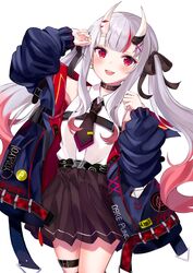  :d black_jacket black_necktie black_ribbon black_skirt breasts collared_shirt colored_tips commentary_request earrings female grey_hair hair_ribbon highres hololive horns ibuki_sho jacket jewelry long_hair looking_at_viewer multicolored_hair nakiri_ayame nakiri_ayame_(streetwear) necktie oerba_yun_fang official_alternate_costume oni oversized_clothes pleated_skirt red_eyes red_hair ribbon shirt simple_background single_earring skin-covered_horns skirt small_breasts smile solo streaked_hair thigh_strap tie_clip twintails very_long_hair virtual_youtuber white_background white_shirt 