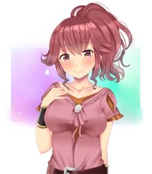  absurdres anna_(fire_emblem) arm_up belt bracelet breasts female fire_emblem fire_emblem_awakening hand_on_own_chest heart highres jewelry large_breasts looking_at_viewer pink_shirt ponytail red_eyes red_hair shirt simple_background solo upper_body xxalisa 