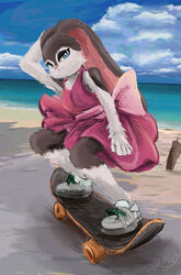  2022 5_fingers anthro beach blue_eyes bow_ribbon breasts brown_body brown_fur cheek_tuft chest_tuft clothed clothing cloud day digital_media_(artwork) digital_painting_(artwork) dress eyelashes facial_tuft female fence fingers fluffy fluffy_arms footwear fur grey_clothing grey_footwear grey_shoes hand_on_ear hi_res lagomorph leporid long_ears mammal multicolored_body multicolored_fur mythrava pink_clothing pink_dress pink_nose rabbit sand seaside shoelaces shoes signature sk8ter_bun skateboard skateboarding skinny sky smile smirk solo tuft water whiskers white_body white_fur wood wood_fence 