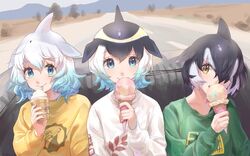  3girls alternate_costume black_hair blonde_hair blowhole blue_eyes blue_hair casual chicha_(chi_cha_rigbo) common_bottlenose_dolphin_(kemono_friends) common_dolphin_(kemono_friends) dolphin_fin dorsal_fin food green_sweater hair_over_one_eye ice_cream ice_cream_cake_(song) ice_cream_cone k-pop kemono_friends multicolored_hair multiple_girls orca_(kemono_friends) parody red_velvet_(group) short_hair sweater two-tone_hair white_hair white_sweater yellow_eyes yellow_sweater 