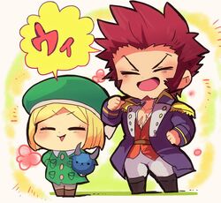  1boy bad_id bad_twitter_id belt blonde_hair blush boots brown_hair chibi closed_eyes collar commentary epaulettes facial_hair facing_viewer fate/grand_order fate_(series) female floral_background flower fringe_trim goatee grass green_headwear hand_on_own_hip hat holding jacket long_sideburns long_sleeves military military_uniform motunabe707070 napoleon_bonaparte_(fate) open_clothes open_mouth pants parted_bangs partially_unbuttoned paul_bunyan_(fate) pectoral_cleavage pectorals pointing pointing_at_self raised_eyebrows scar shoes short_hair sideburns simple_background smile speech_bubble tight_clothes toy translated uniform white_pants 