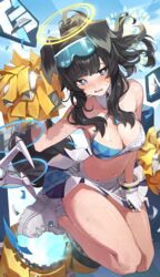  absurdres animal_ears arms_up bare_shoulders blue_archive blush breasts cheerleader cleavage commentary dog_ears dog_girl dog_tail eyewear_on_head female goggles goggles_on_head halo hibiki_(blue_archive) hibiki_(cheer_squad)_(blue_archive) highres holding holding_pom_poms long_hair looking_at_viewer medium_breasts millennium_cheerleader_outfit_(blue_archive) miniskirt navel netural official_alternate_costume open_mouth pom_pom_(cheerleading) shoes skirt sneakers solo sticker_on_arm sticker_on_face stomach sweat tail wet white_footwear 